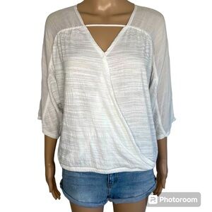 A.N.A Solid White V-Neck Cutout Wrap Front 3/4 Sleeve Blouse Top